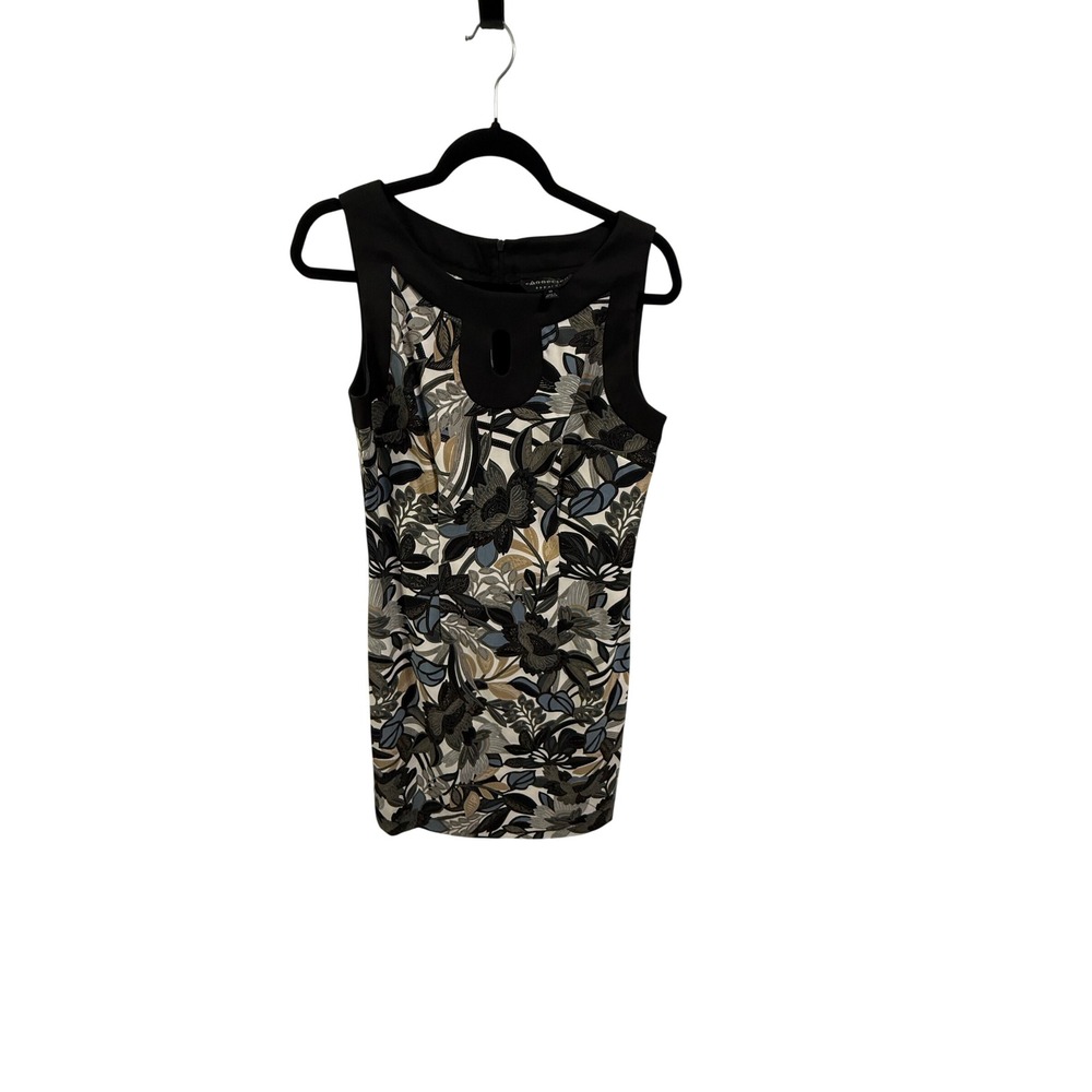 Connected Apparel Floral Sheath Dress Black Blue Keyhole Neckline Size 10